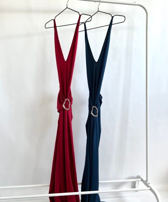 500/M-Vestido Largo Microfibra Tirita Con Tajo Cruzado Y Cinturon Fruncido Hebilla Ondulado Grande - Imagen 3