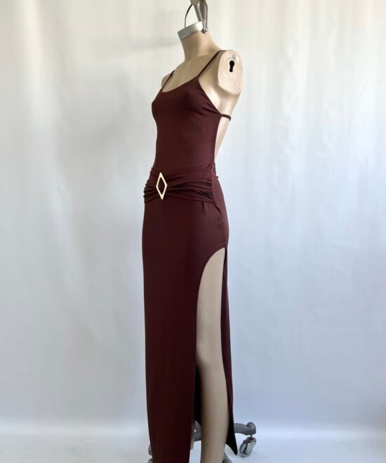 506/M-Vestido Largo Microfibra Tirita Cinturon Frunce Hebilla Rombo Dorado Y Trasera Frunce Elastico - Imagen 3