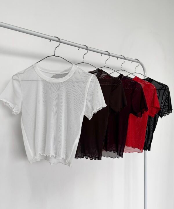 3699-REMERA TUL LISO MANGA CORTA RULOTTE CON CUELLO REDONDO