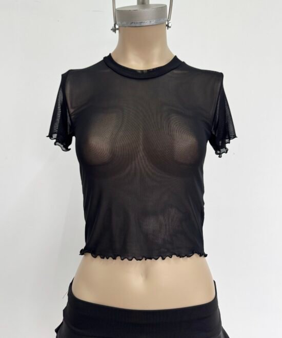 3699-Remera Tul Liso Manga Corta Rulotte Con Cuello Redondo - Imagen 3
