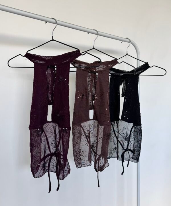 Alternative view of 1244/TB-TOP TUL BORDADO FLORES LENTEJUELA CUELLO HALTER PECHERA FORRADO CON ESPALDA DESCUBIERTA