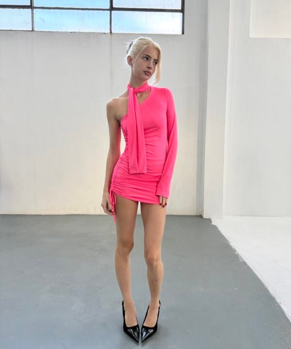 1840/FL-TOP MICROFIBRA FLUOR UNA MANGA CON LAZO BUFANDA Y FRUNCE ELASTICO LATERAL