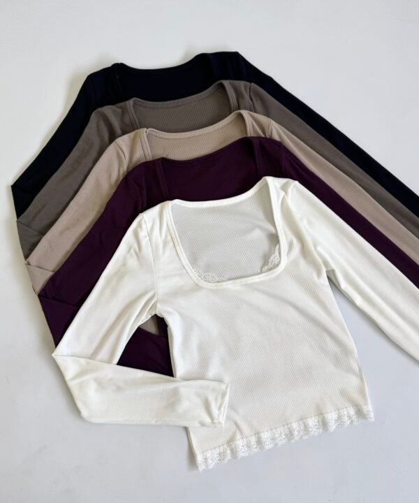 1108/3-Remera Morley Tao Manga Larga Escote Cuadrado Con Puntilla Borde Y Ruedo