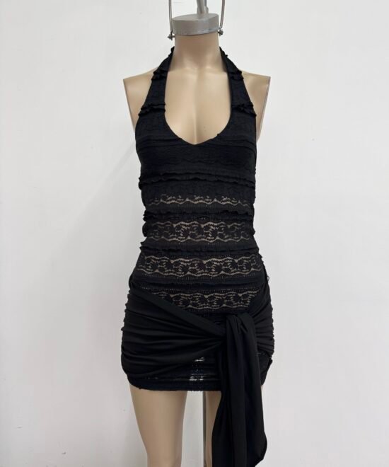 505/E-Vestido Encaje Voladitos Maura Marilyn Escote V Con Lazo Fruncido Para Atar Cadera - Imagen 3