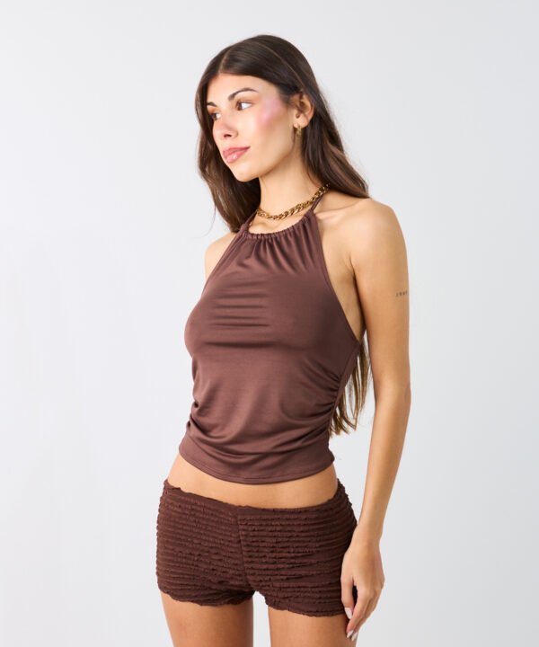 2715/M-Top Microfibra Halter Americana Con Cordon Frunce Cuello Para Atar Y Laterales Frunce