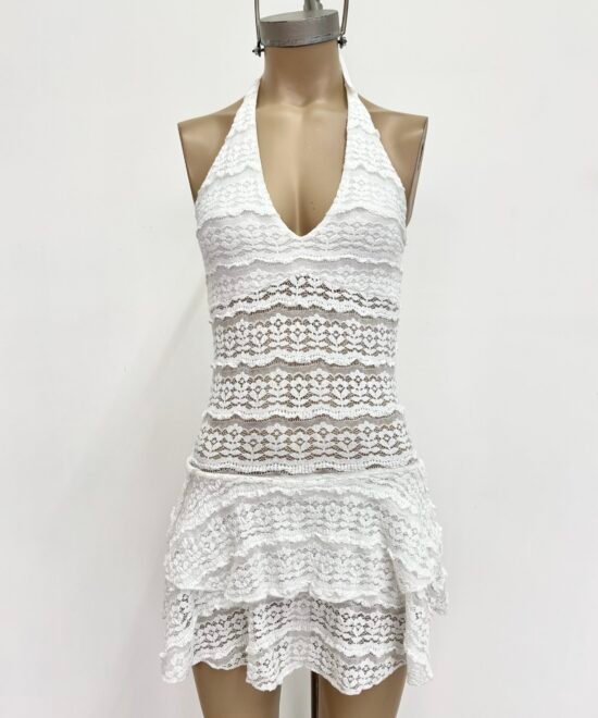 521/EM-Vestido Encaje Missha Pechera Halter Tira Para Atar Cuello Cruzado Con Doble Volado Y Short Interno - Imagen 3