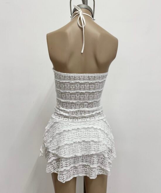 521/EM-Vestido Encaje Missha Pechera Halter Tira Para Atar Cuello Cruzado Con Doble Volado Y Short Interno - Imagen 4