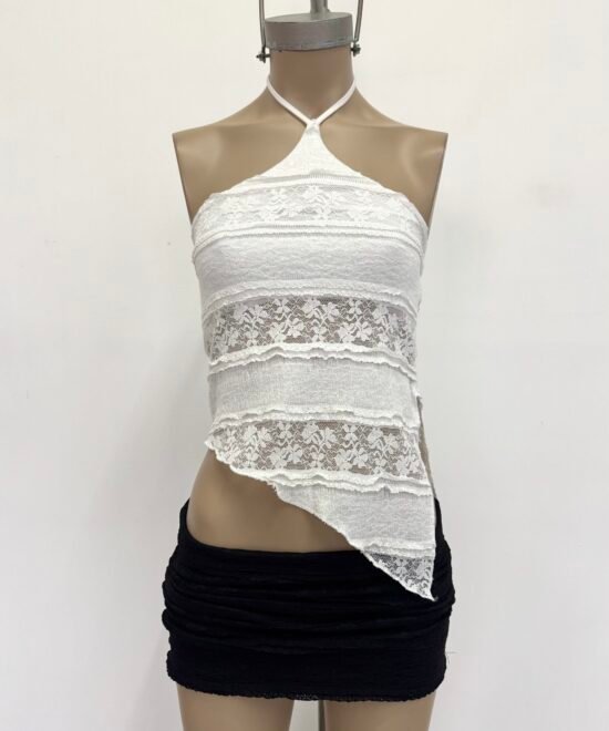 1918/ER-Top Encaje Ruffle Halter Choker Para Atar Cuello Con Pico Y Tajo Lateral - Imagen 3