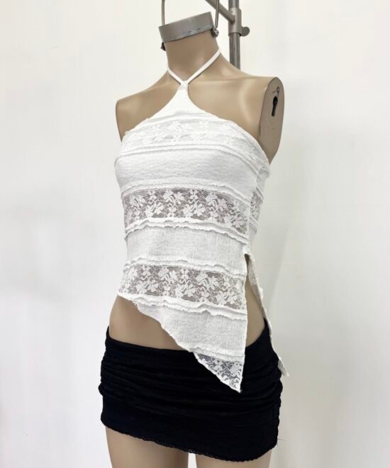 1918/ER-Top Encaje Ruffle Halter Choker Para Atar Cuello Con Pico Y Tajo Lateral - Imagen 4