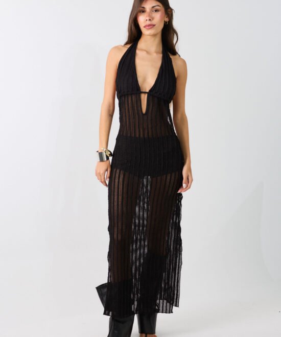 443/CR-Vestido Largo Crochet Kerlina Marilyn Forrado Con Cordon Bajo Busto Y Tajo Lateral - Imagen 3