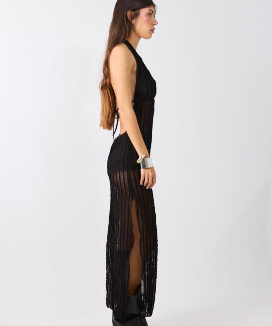 443/CR-Vestido Largo Crochet Kerlina Marilyn Forrado Con Cordon Bajo Busto Y Tajo Lateral - Imagen 5