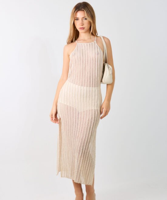 496/CR-Vestido Largo Crochet Kerlina Americana Con Tira Cruce Atras Y Tajo Laterales - Imagen 3