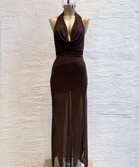 469/T-Vestido Largo Tul Liso Marilyn Buche Caido Forrado Con Pollera Irregular Tajo Adelante - Imagen 3