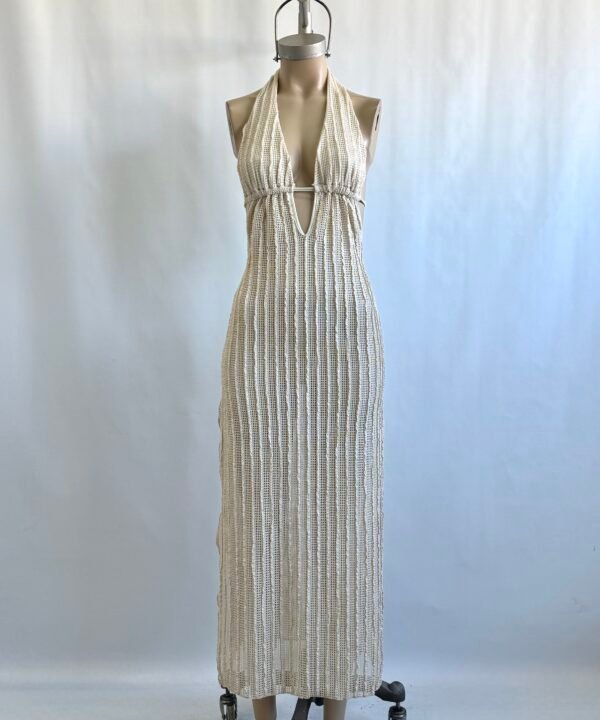 443/CR-Vestido Largo Crochet Kerlina Marilyn Forrado Con Cordon Bajo Busto Y Tajo Lateral - Imagen 7