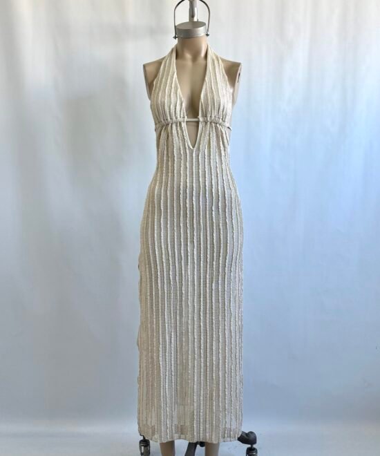 443/CR-Vestido Largo Crochet Kerlina Marilyn Forrado Con Cordon Bajo Busto Y Tajo Lateral - Imagen 7