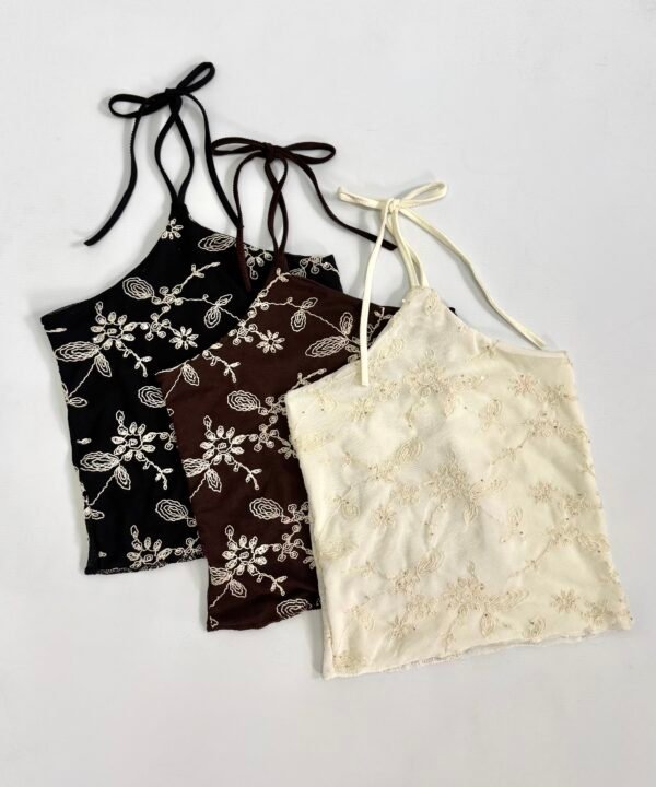 1916/TH-Top Halter Choker Tul Hilo Bordado North Tira Para Atar Cuello