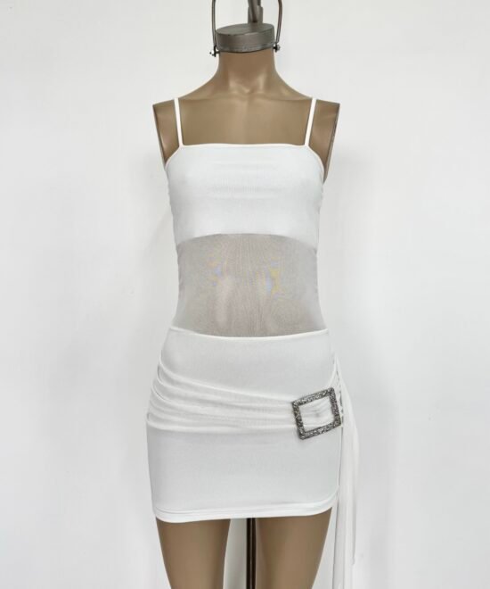 486/T-Vestido Tul Liso Recto Tirita Forrado Con Cinturon Lazo Y Hebilla Rectangulo - Imagen 3