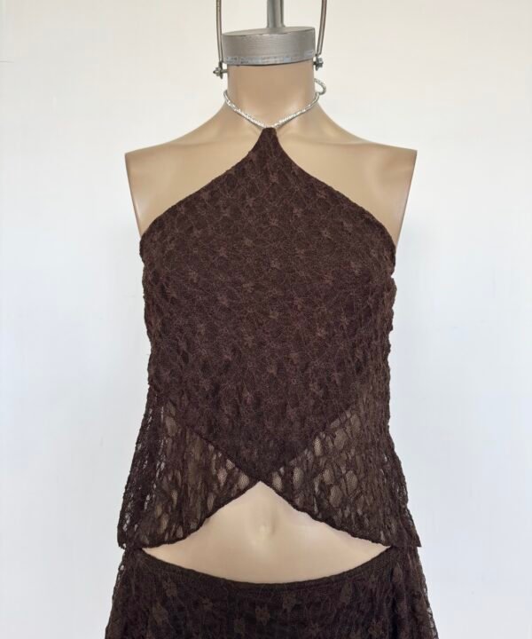 Alternative view of 1914/ES-Top Halter Encaje Sora Bretel Brillo Para Atar Cuello Y Volado Cruzado Pico Lateral