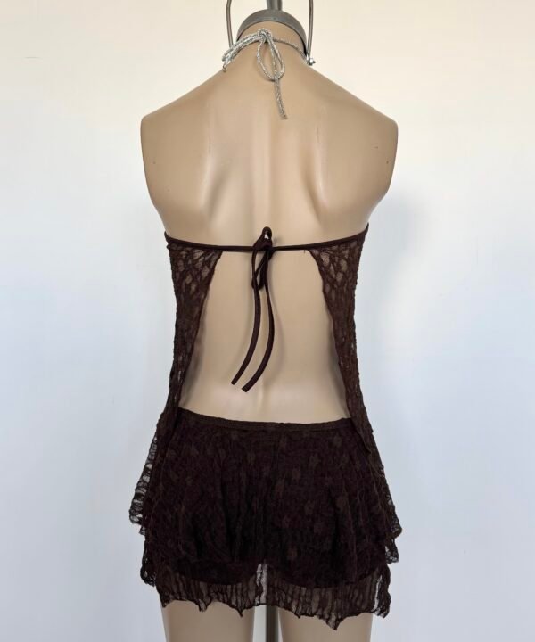 1914/ES-Top Halter Encaje Sora Bretel Brillo Para Atar Cuello Y Volado Cruzado Pico Lateral - Image 4