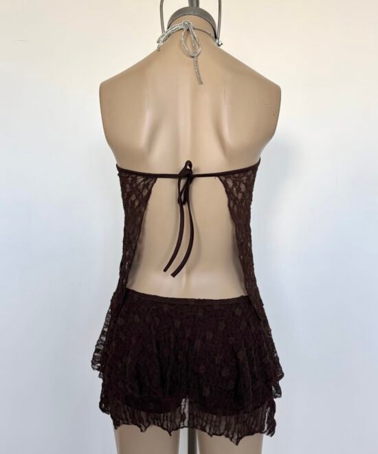 1914/ES-Top Halter Encaje Sora Bretel Brillo Para Atar Cuello Y Volado Cruzado Pico Lateral - Imagen 5
