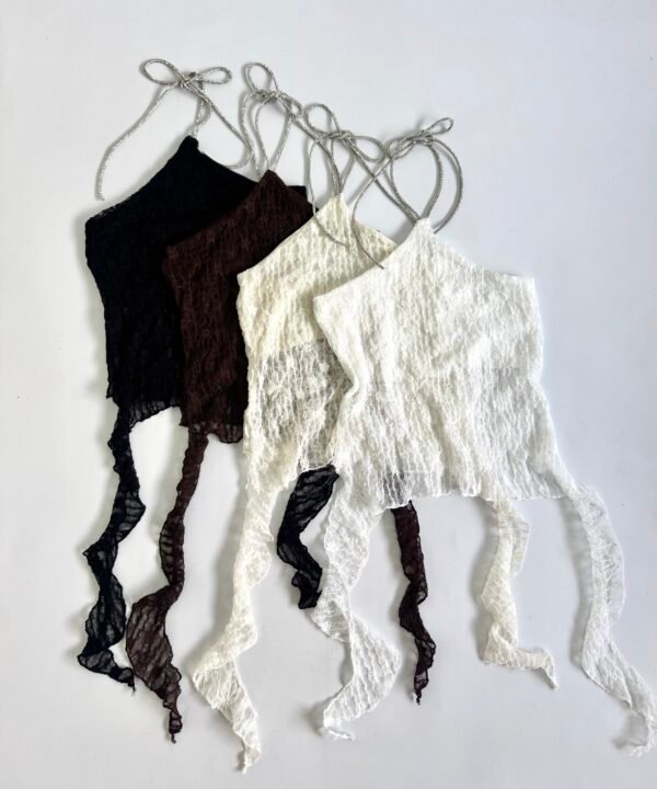 2007/EJ-Top Halter Encaje Judy Bretel Brillo Para Atar Cuello Con Laterales Volados Caidos