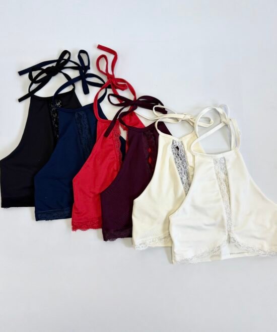 2114/M-Croptop Microfibra Americana Halter Para Atar Cuello Y Centro Abertura Forrado Con Puntilla
