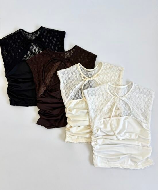 1562/ES-Top Musculosa Encaje Sora Manga Japo Con Recorte Puntilla Y Cuerpo Combi Microfibra Lateral Fruncido