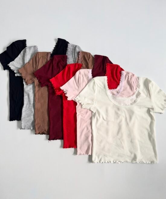 2222-Remera Morley Fino Cuello Puntilla Y Rulotte Manga Corta