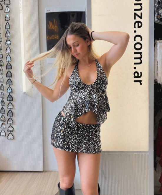 1681/LEM-Top Lentejuela Moorea Marilyn Halter Con Volado Picos