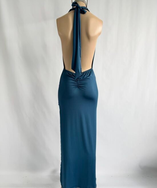 515/M-Vestido Largo Microfibra Buche Caido Con Lazo Corbata y Espalda Descubierta Con Frunce Cola - Imagen 5